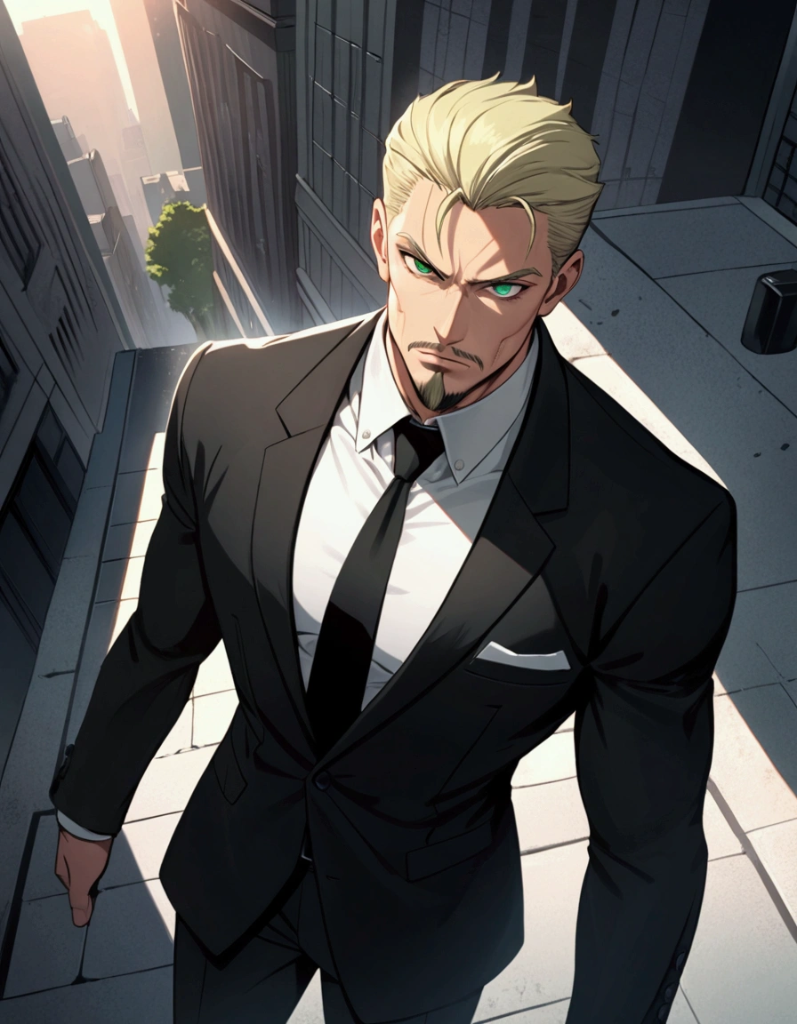 1man, man in black, vigorous mature, business hair with asymmetrical bangs, goatee, green platina blond hair, emerald eyes, BREAK 40yo, charming caucasian, slightly long chiseled face, deep set, angular jaw, facial wrinkles, crewcut, BREAK ideal ratio body proportions, middle weight muscular, beautiful detailed eyes, dark hero, best eyes, BREAK solo, funeral black suit, black necktie, white shirt, at wall street, detailed background, serious, cool expression, natural standing, BREAK upperlegs, dramatic expression, in persona style, masculine comic art, 2010s, retro visual novel, in newest eroge style, dutch angle, cinematic shadows, cinematic lighting, lens flare, light leaks, texture, absurdres absolutely resolution, extreme all detailed, greatest painting, BREAK masterpiece, best quality