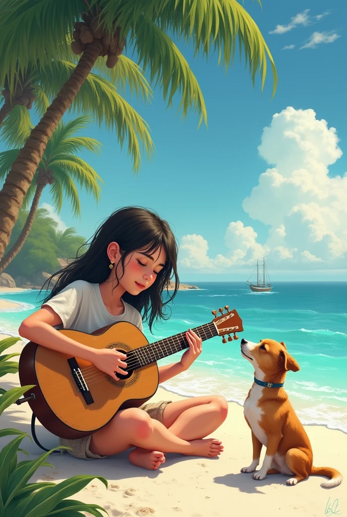 A girl play gitar Island dog