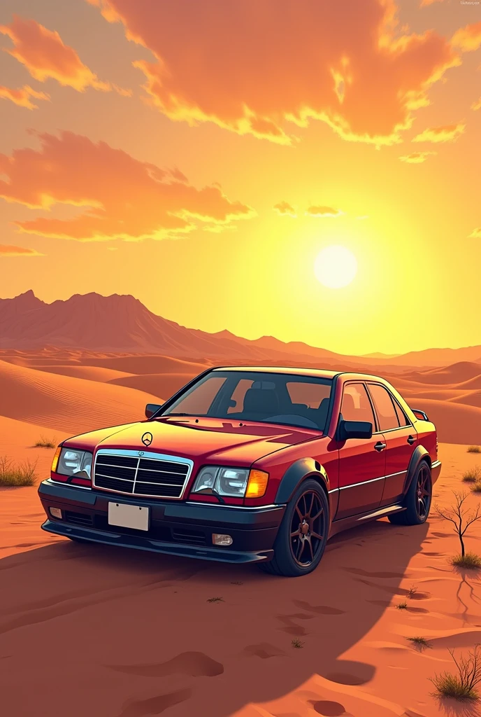 mercedes e190 amg, Ride in the desert, avec du soleil, style dessin manga couleur