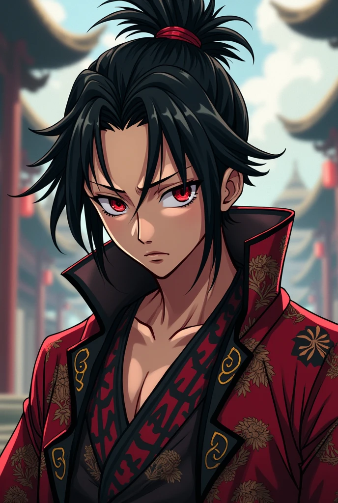 create 4 images of a one piece style pirate This young male character has a striking presence. Her black hair is tied in a high bun, with loose strands falling softly around her face, accentuating his sharp features. Their eyes, penetrating and red in color, convey an intense and calculating look, implying that he is someone with great power and a strategic mind.He wears an elaborate kimono, adorned with intricate patterns in red, black andwhite, symbolizing a mix of Wano traditions and a dark twist that may hint at its Teach heritage