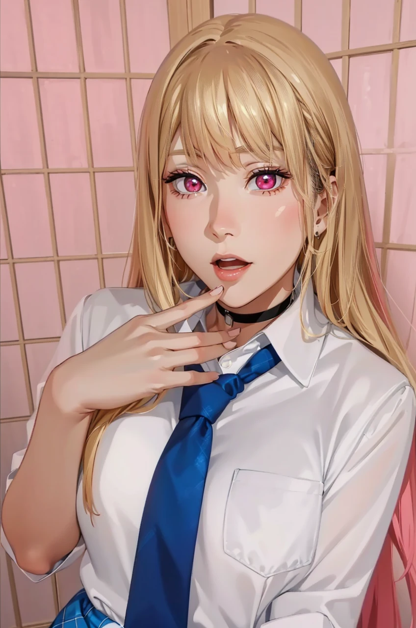 8k, highres, ultra detailed, (masterpiece:1.4), best quality, symmetrical body, (white shirt with blue tie:1.4), (short blue skirt with plaid pattern:1.4), cute, solo, long hair, blonde hair with pink hair tips, red eyes, long lashes, glow effect, finely eye, wide smile, grinding, detailed face, looking at viewer, smilling at viewer, bedroom, angled view, big breasts