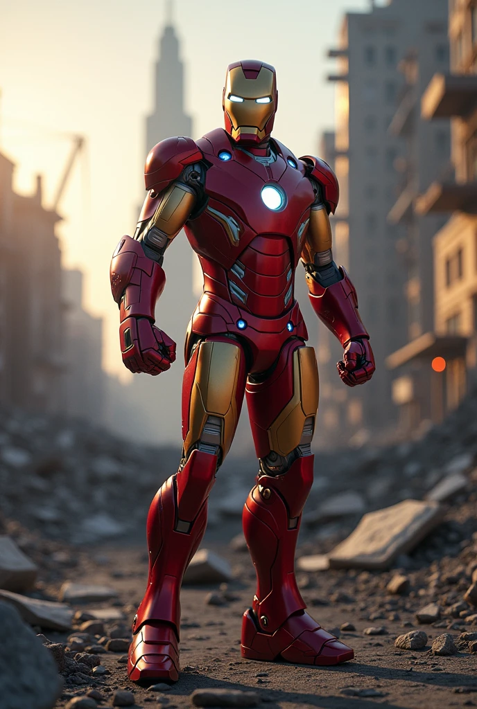 The Hero Iron Man with his armor made of nanotechnology, he must be in a destroyed city