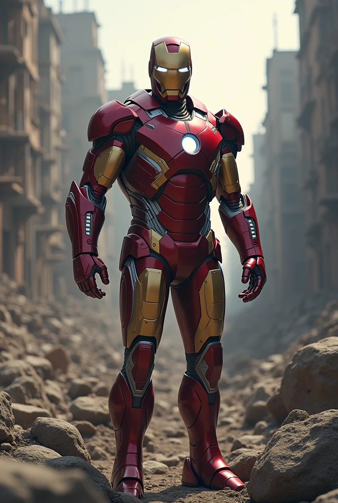 The Hero Iron Man with his armor made of nanotechnology, he must be in a destroyed city 