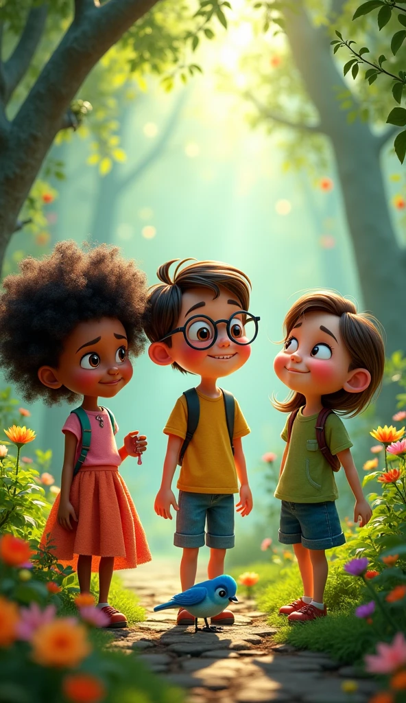 three kids—Lucy, Ben, and Maya—are standing together. Lucy, with curly hair. Ben, wearing glasses, and Maya, full of energy, is smiling with excitement. they ventured into the magical forest, where they found a small Bluebird, sad because she had lost her voice