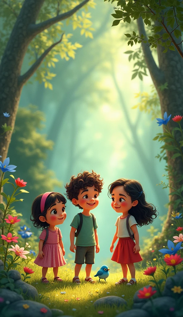 three kids—Lucy, Ben, and Maya—are standing together. Lucy, with curly hair. Ben, wearing glasses, and Maya, full of energy, is smiling with excitement. they ventured into the magical forest, where they found a small Bluebird, sad because she had lost her voice