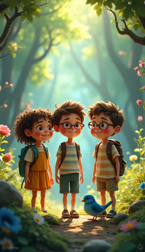 three kids—Lucy, Ben, and Maya—are standing together. Lucy, with curly hair. Ben, wearing glasses, and Maya, full of energy, is smiling with excitement. they ventured into the magical forest, where they found a small Bluebird, sad because she had lost her voice