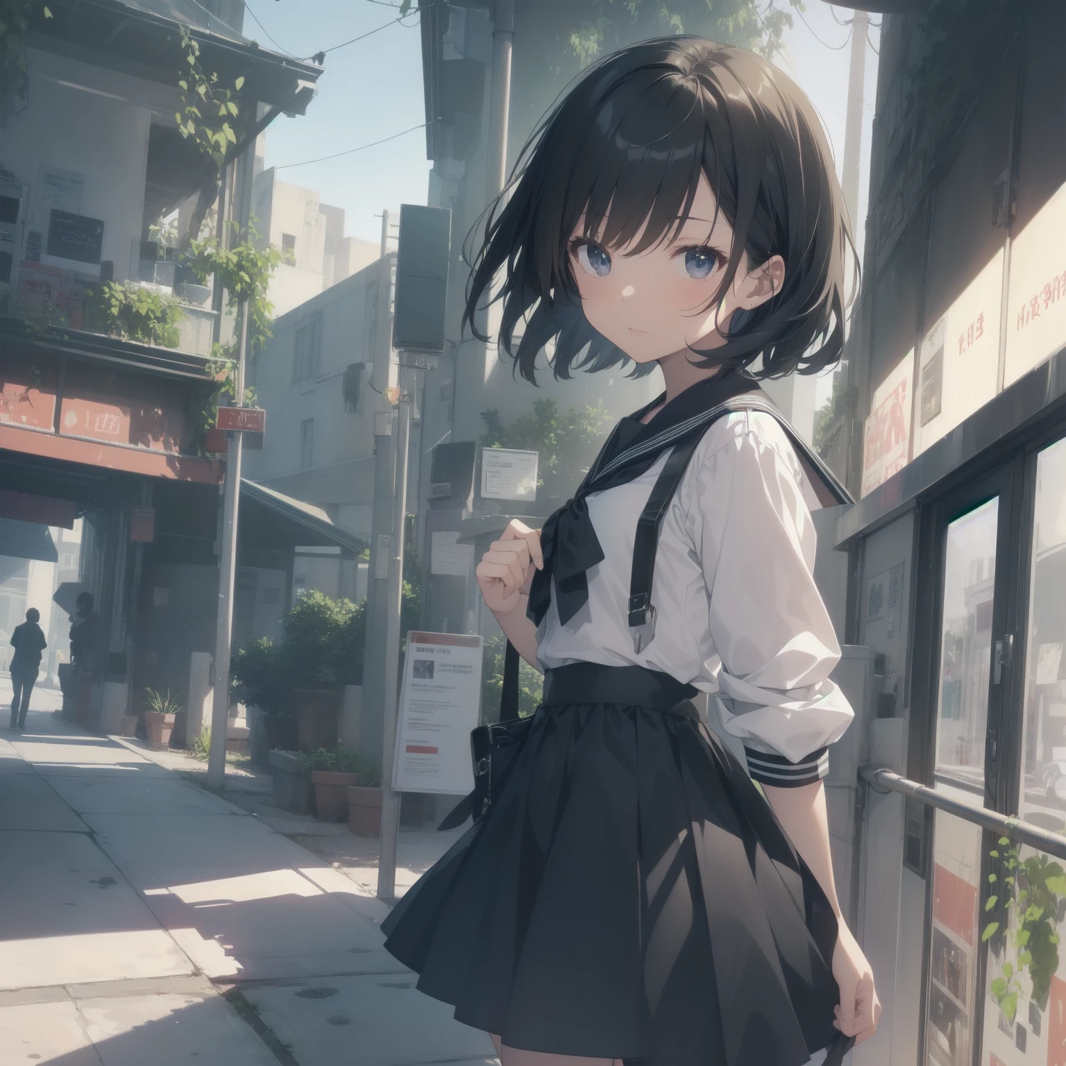 ultra-absurdres-Top quality by artist God, ultra-detailed, high resolution, anime moe artstyle, best anime 8k konachan wallpaper, pixiv contest winner, pool:2810, perfect anatomy,break, 1girl, (Please draw a girl walking sleepily to school alone. )break,(Solo,little female, 13-year-old:1.3),Full limbs, complete fingers,a junior high school student, (very short hair), short cut, flat chest, , small butt, small black eyes, beautiful detailed eyes, well-proportioned iris and pupils, expressive eyes, highres detailed hair, soft expression, salor school_uniform, sailor collar, serahuku, bow, pleated skirt,(Detailed Lighting), (Detailed background), in the School commute route. break,super detailed skin, Best cinematic lighting powered by famous artist, 8k,beauty illustration,photoshop_(medium),very aesthetic,break,((artist:yuureidoushi_(yuurei6214) )), artist:clamp ,artist:carnelian ,artist:kantoku ,