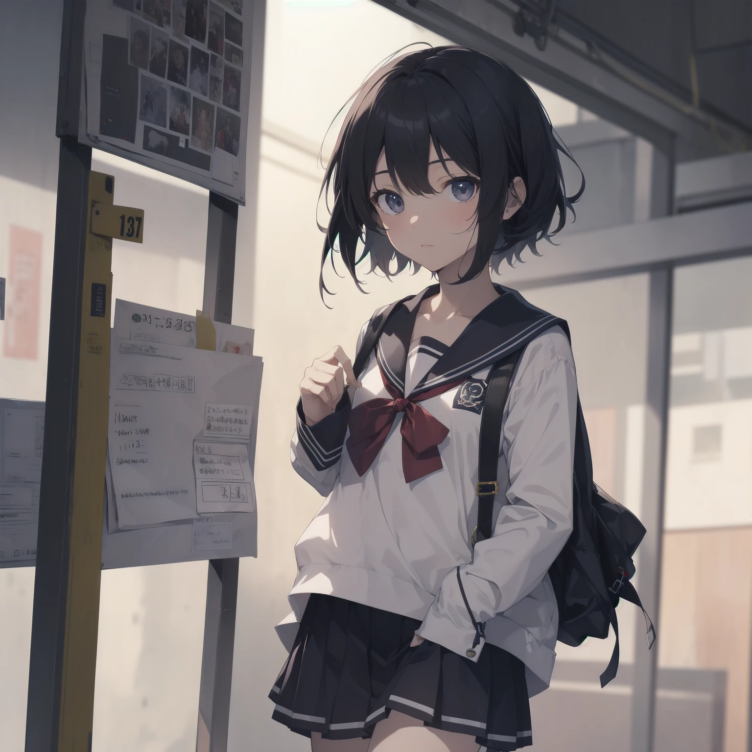 ultra-absurdres-Top quality by artist God, ultra-detailed, high resolution, anime moe artstyle, best anime 8k konachan wallpaper, pixiv contest winner, pool:2810, perfect anatomy,break, 1girl, (Please draw a girl walking sleepily to school alone. )break,(Solo,little female, 13-year-old:1.3),Full limbs, complete fingers,a junior high school student, (very short hair), short cut, flat chest, , small butt, small black eyes, beautiful detailed eyes, well-proportioned iris and pupils, expressive eyes, highres detailed hair, soft expression, salor school_uniform, sailor collar, serahuku, bow, pleated skirt,(Detailed Lighting), (Detailed background), in the School commute route. break,super detailed skin, Best cinematic lighting powered by famous artist, 8k,beauty illustration,photoshop_(medium),very aesthetic,break,((artist:yuureidoushi_(yuurei6214) )), artist:clamp ,artist:carnelian ,artist:kantoku ,