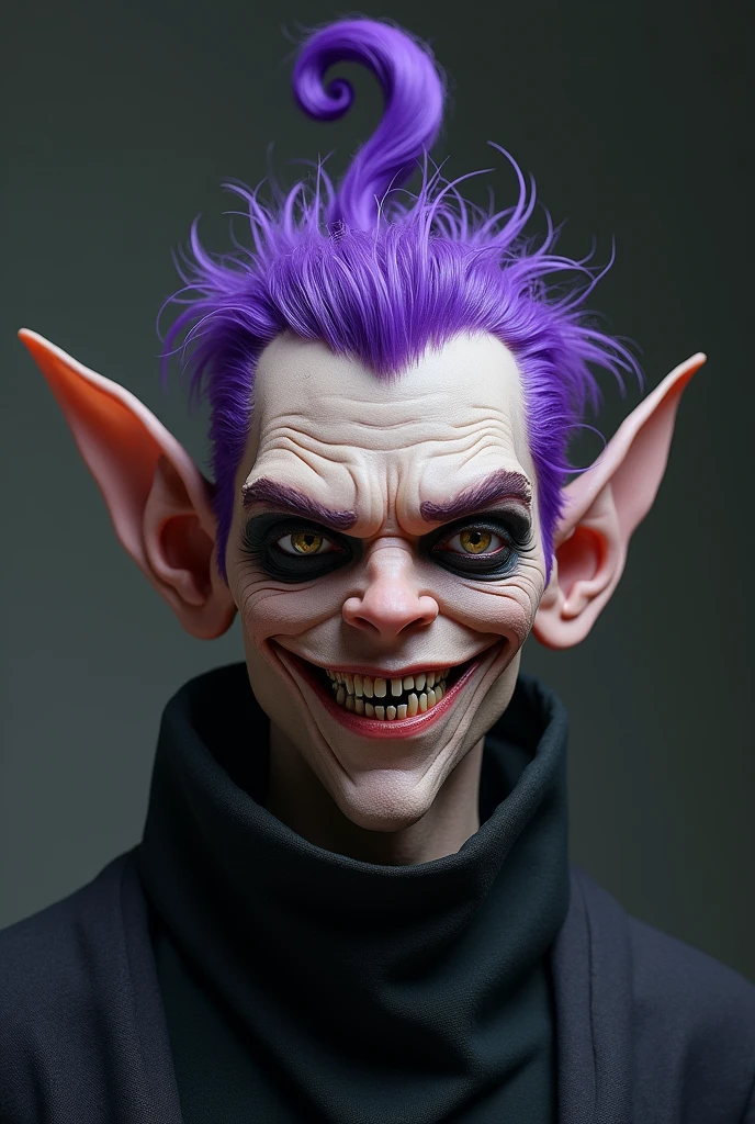 The man has purple hair and slightly long antennae.、He has dark circles under his eyes and jagged teeth.、The top of his head has curly hair that resembles the top part of a question mark.。He has a suspicious smile。