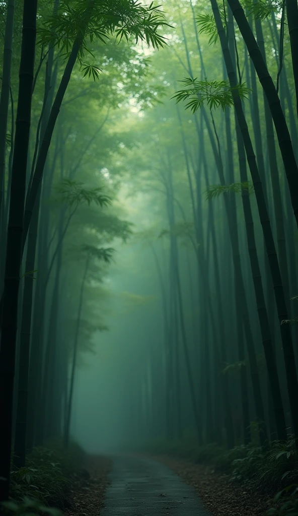 Create a cinematic scene of bamboo leaves falling in 8K resolution, ensuring masterpiece quality and a captivating, eerie atmosphere.