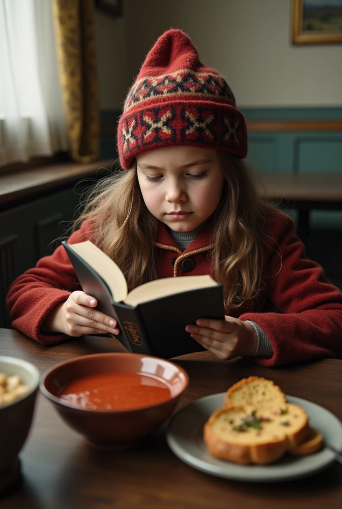 Brown girl, in a kokoshnik. reads a book, in a Soviet-style canteen, eats borscht and herring with bread