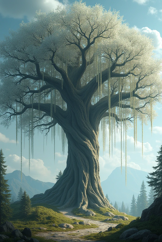 a long, silver leaves of an ancient tree that seem to whisper secrets when the wind blows through them