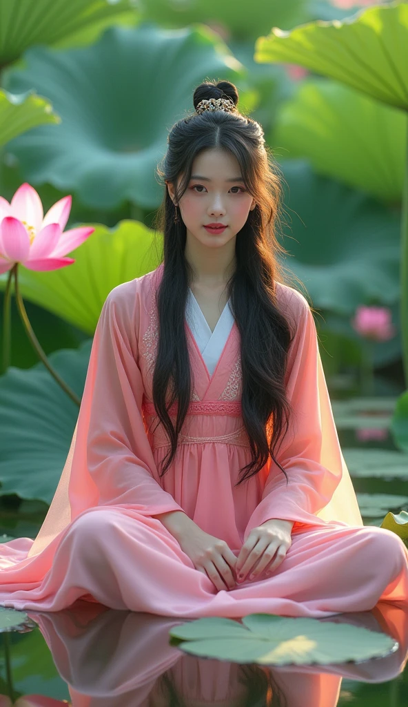 Photographic Reality ((Big lotus flower background)) Looking straight at the camera Absurd, High resolution, Very detailed, (1 girl:1.3), ((Photographic Reality)), Simple lines, Beautiful woman in colorful Chinese Hanfu, , Near the lotus pond, masterpiece, Sit on the water, Floating clothes, Flowing Hair