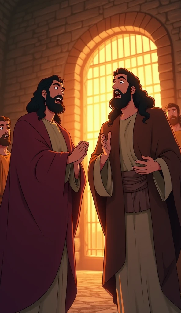 An animated scene showing Paul and Silas singing, followed by the earthquake and the prison doors opening with the chains breaking.