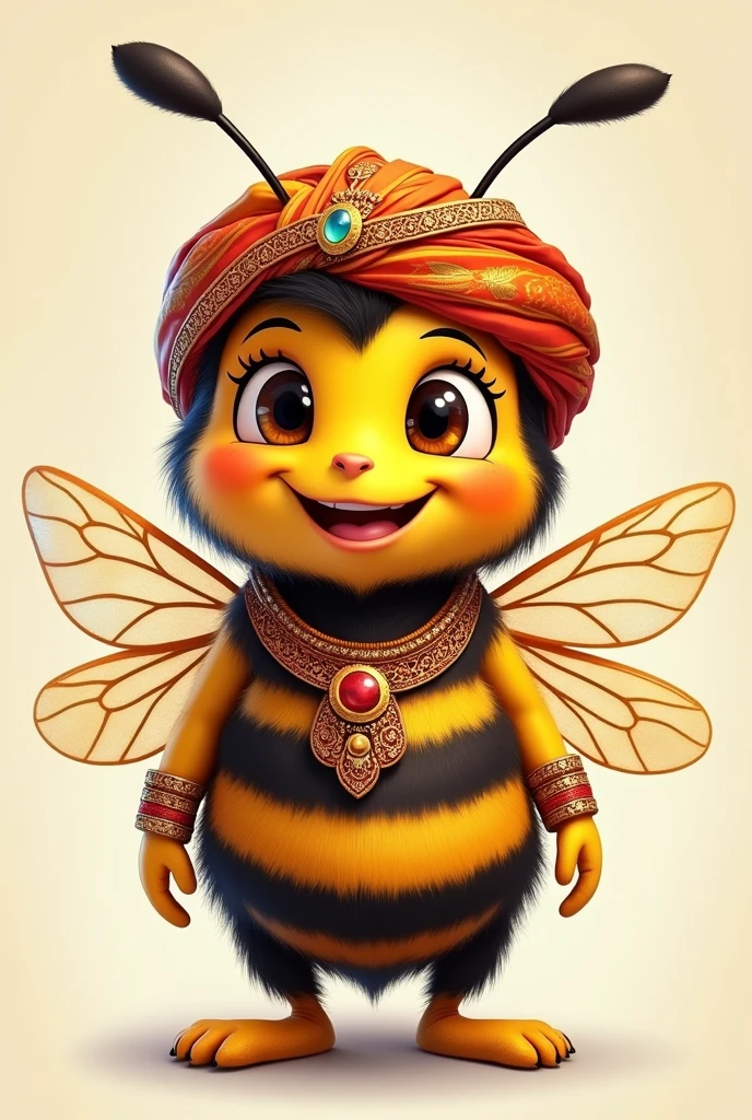2D cartoon of a bee dressed as an Indian, not very realistic, maintain insect features, head on. With a big smile and a zari