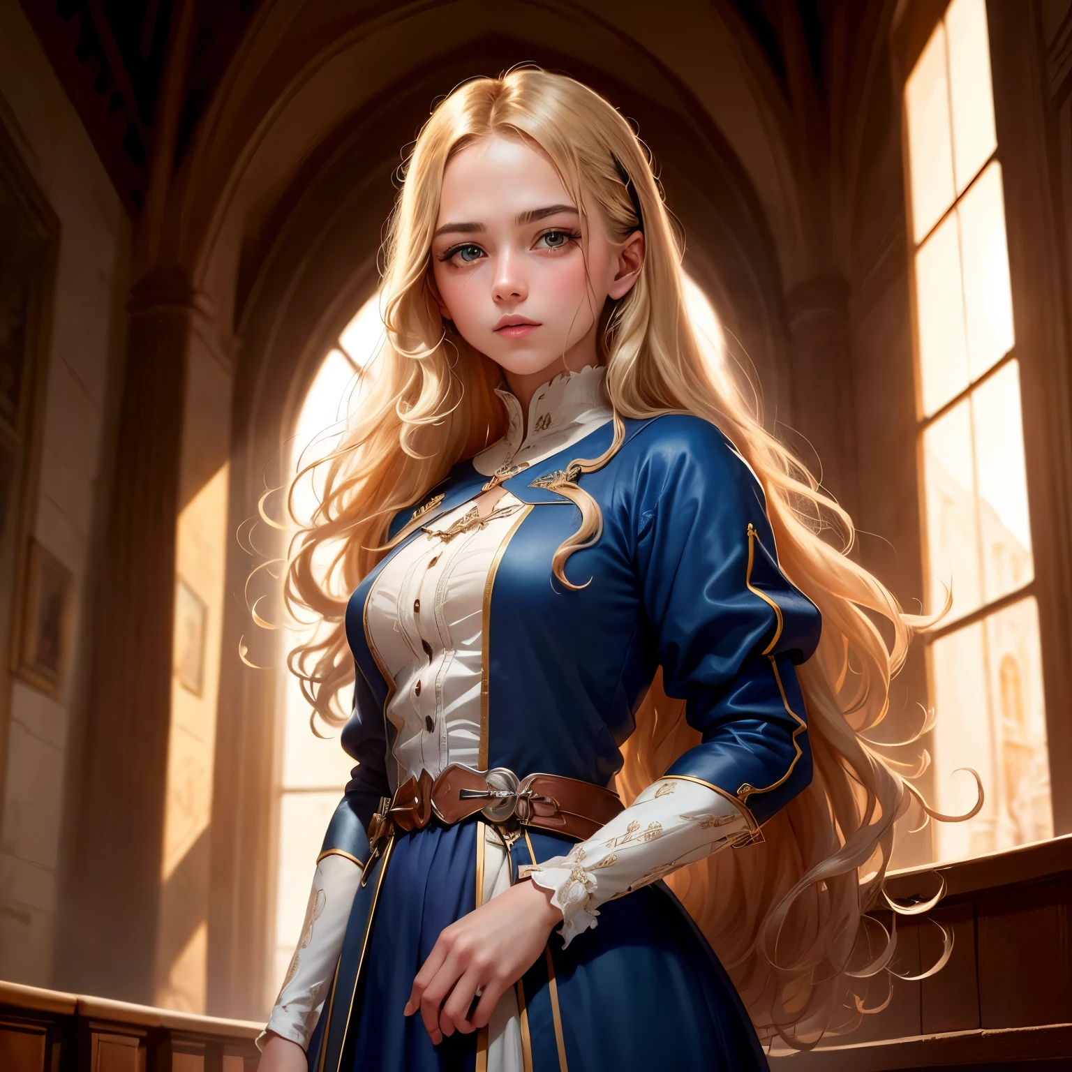 ((best qualityer)), ((work of art)), (detailded), 8k, 4K, hight contrast, work of art, Meticulous attention to facial features and hair strands, two 12 year old female teenagers ,long curly blonde hair, blue colored eyes ,vestido azul medieval altamente detailded, With spectacular lighting, emphasizing the contrast between light and shadow, evoking a sense of mystery and danger, with a touch of supernatural elements and captivating art, in the background a castle hall ,clear lighting, detailed shadows