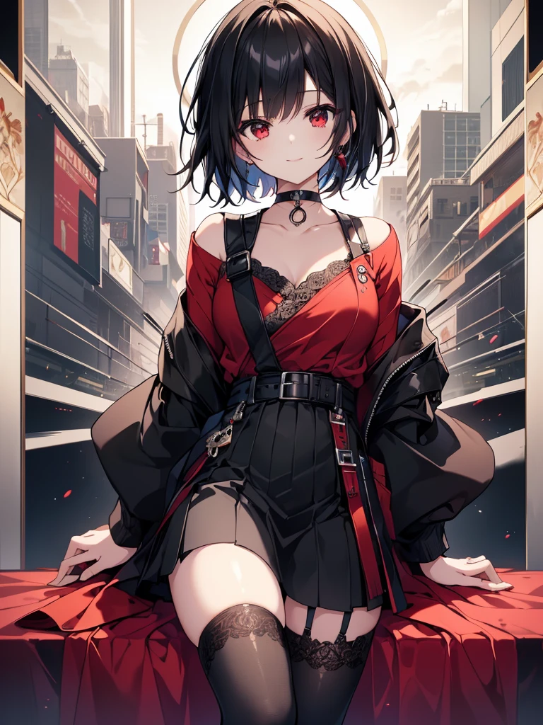 (masterpiece, highest quality, highest quality, (No text), Beautiful and aesthetic:1.2),No text,アニメ、BREAK,One Girl,Black Hair Girl short hair older sister choker Beautiful eyes Red eyes cool smile Black and Red Black jacket stockings whole body In town