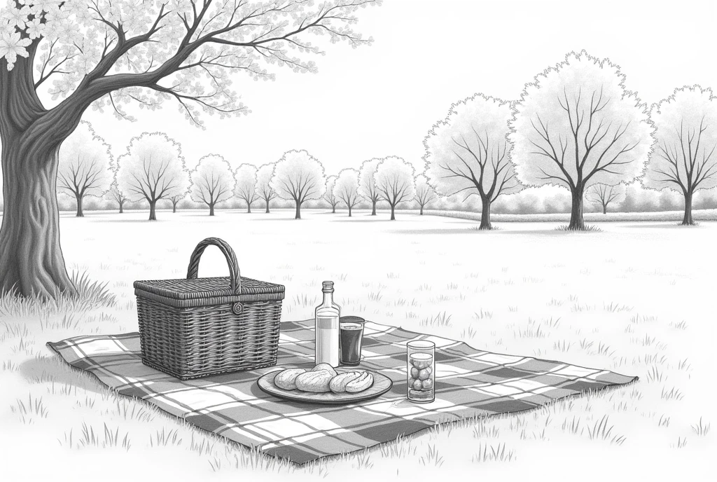 A black and white pencil drawing style illustration,Showing a scene covered with a plaid picnic cloth。Picnic basket laid out on cloth、panini、Fruit and drinks。Cherry blossom trees dotted around,In the background is a park full of grass and several cherry blossom trees in bloom。The whole picture is filled with the atmosphere of spring,Light and natural brushstrokes。