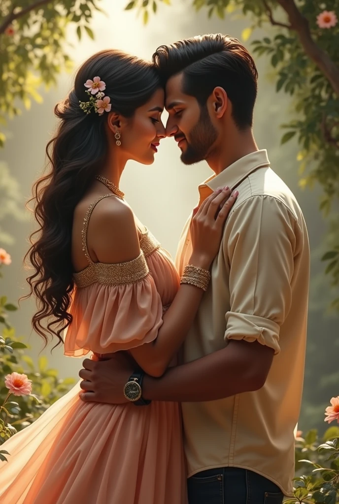 Generate a realistic image of a couple and the name hetankshi on dress of woman must be written and the shirt of man the name yaksh must be written.