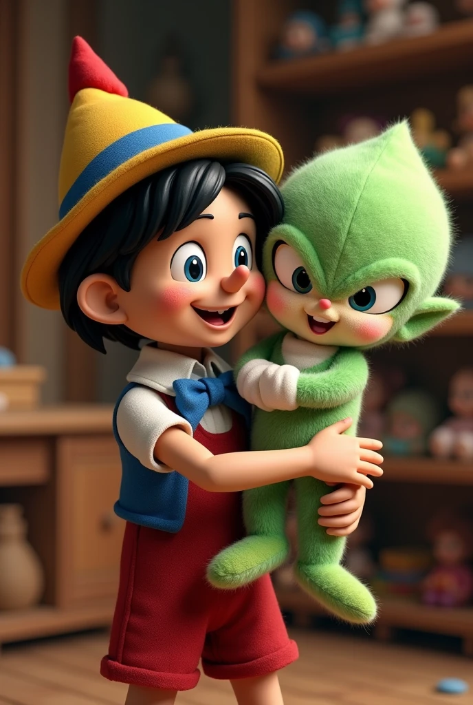 Pinocchio holding a Vegeta plush toy in his arms