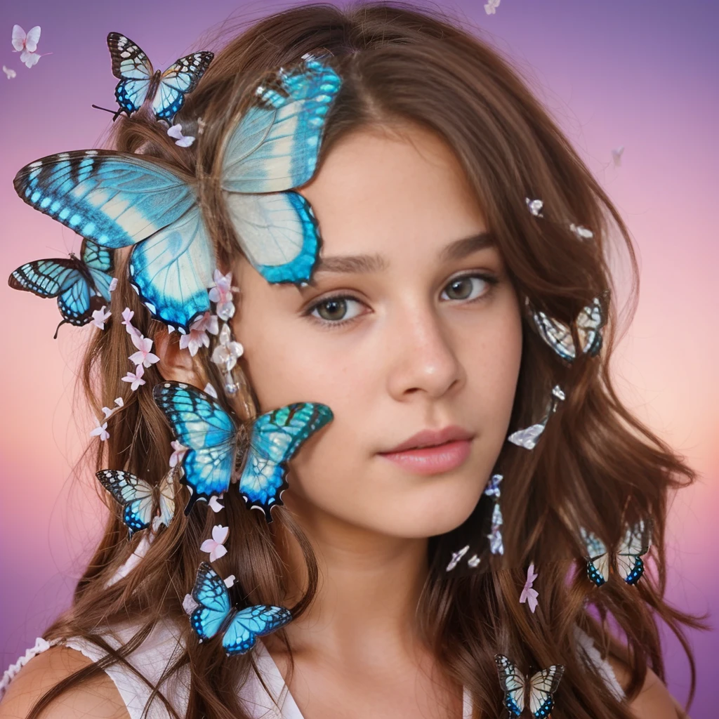 a gorgeous 10 year-old girl, straight brown hair, butterflies in hair, extremely detailed, 4k, perfect face