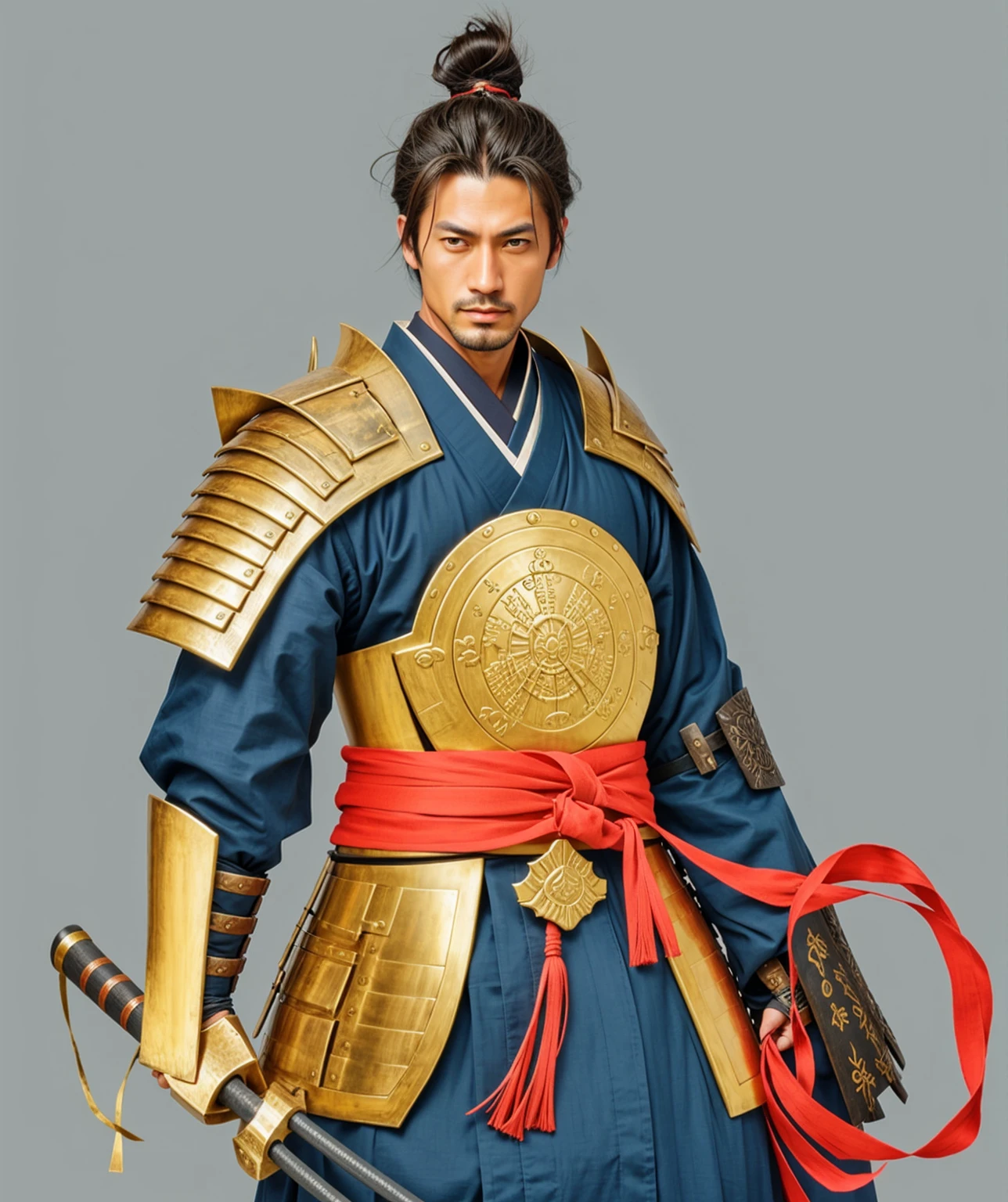 Need to create art for MMORPG, centered on a Japanese setting. digital painting, adult man, Samurai. Asian, armor самурая, золотая armor, japanese samurai clothing, gold, silk, , armor, Japan, 