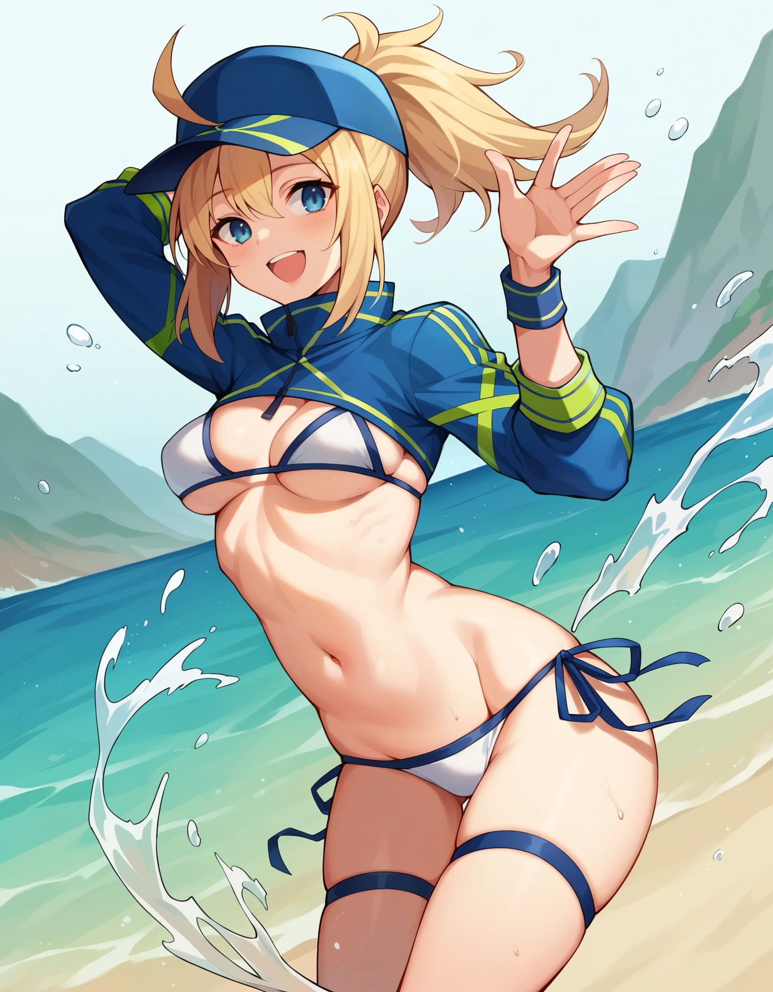 masterpiece,(ultra-detailed),1girl, mysterious heroine xx \(fate\), half_eyes,smile,open mouth, swimsuit, white bikini, side-tie bikini bottom, shrug \(clothing\), jacket, thigh strap, wristband, large_boobs, ocean_landscape, splashing,blonde_ponytail,open_legs,cap,happiness,,dynamic_standing,