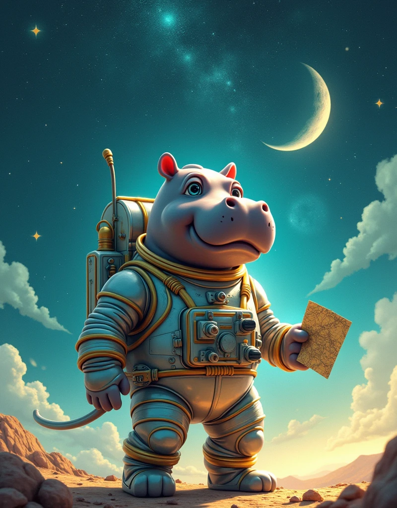 Imagine a fun and adventurous scene. Harold, a friendly and exuberant hippo, embarks on an incredible journey to the cosmos. He dons his shiny, silver astronaut suit equipped with the latest gear designed for a hippo's stature. Behind him, a grand spaceship, painted in bright hues of teal and gold awaits. The crystalline azure star-studded sky overhead is filled with a magnificent flurry of pulsating galaxies and shooting stars. In the distance, the glowing crescent moon serves as his first pit-stop. In his paw, Harold clutches a faded map guiding his cosmic adventure.