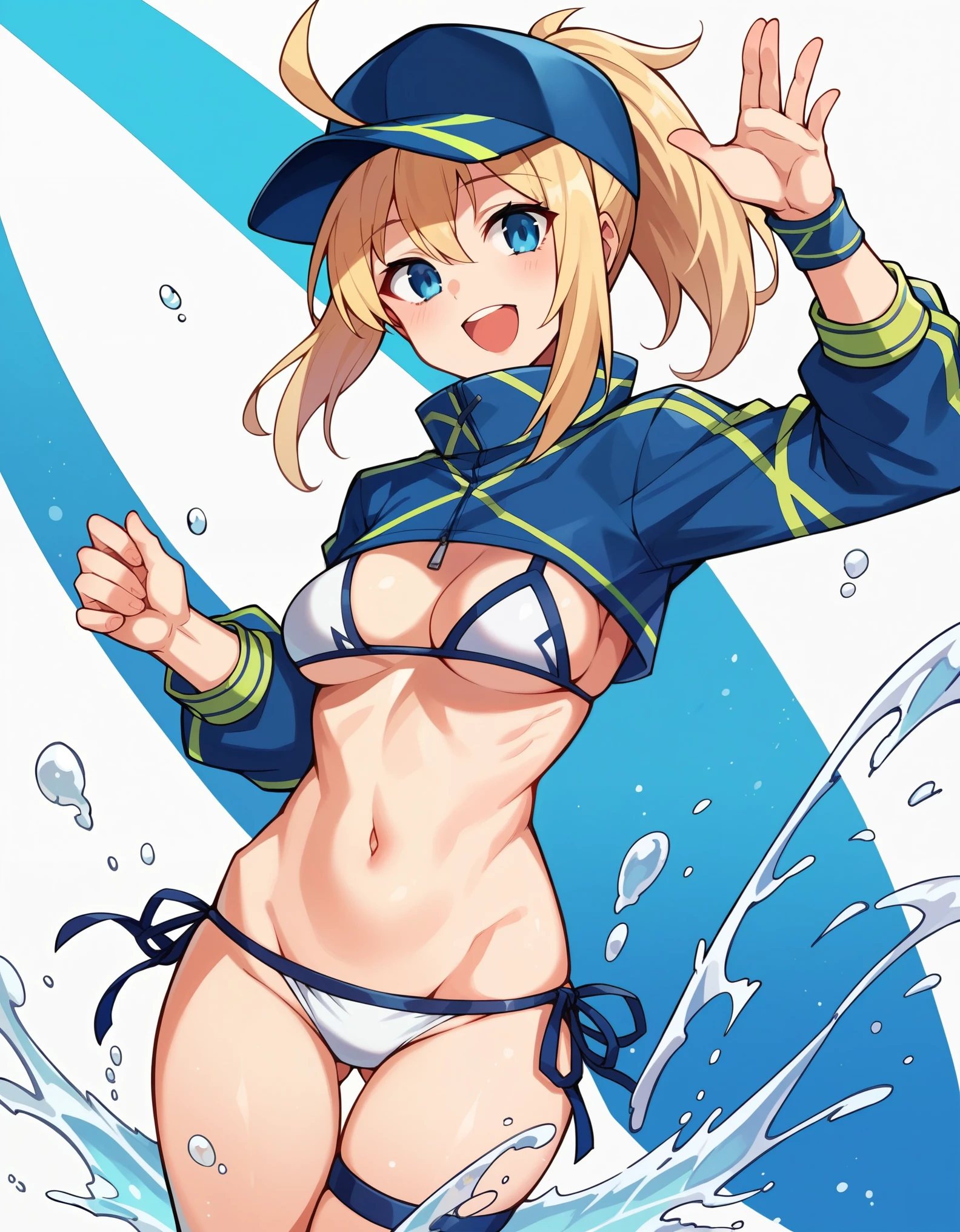 masterpiece,(ultra-detailed),1girl, mysterious heroine xx \(fate\), half_eyes,smile,open mouth, swimsuit, white bikini, side-tie bikini bottom, shrug \(clothing\), jacket, thigh strap, wristband, large_boobs, ocean_landscape, splashing,blonde_ponytail,open_legs,cap,happiness,,dynamic_standing,