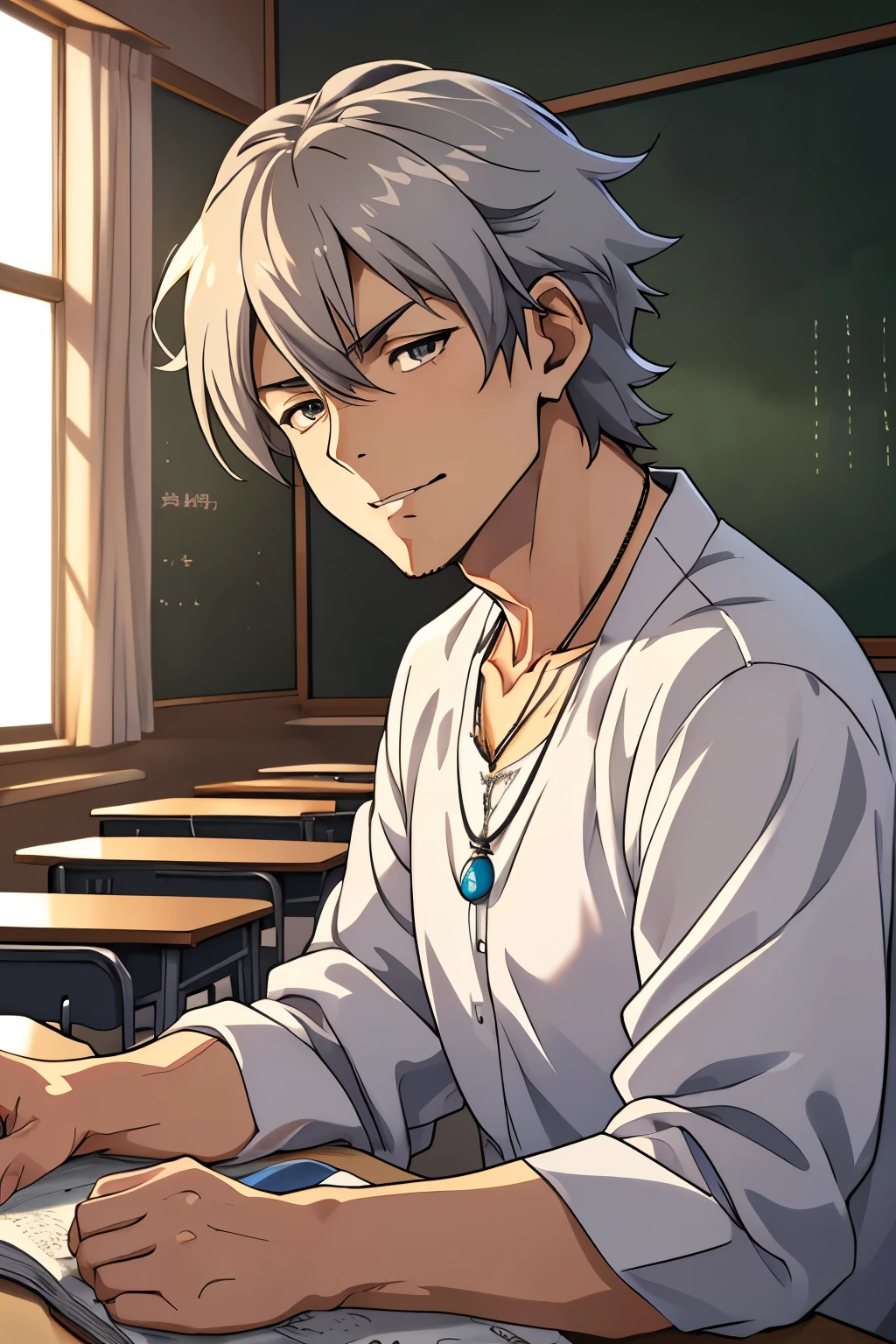 (((masterpiece、Anime Style、high resolution、high quality、Delicate、Ultra-high resolution、８ｋ)))Japanese men、６５age、Gray Hair、elder、Wrinkles、Black suit、WhiteＹshirt、accessories、necklace、classroom