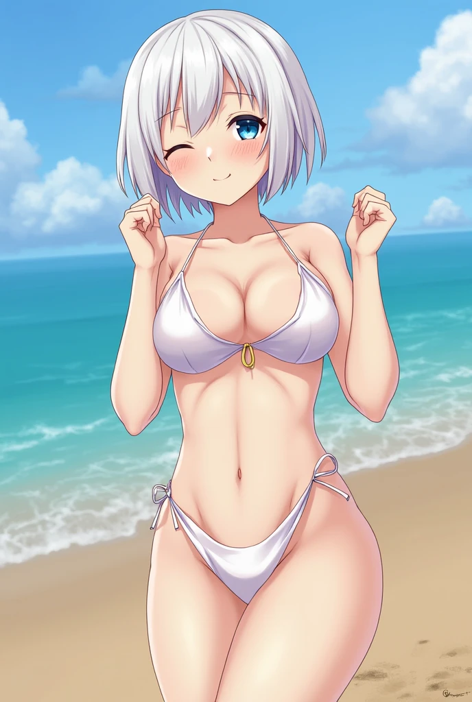 ultra-detailed, masterpiece, best quality, extremely detailed, embarrased girl, angry blushing expression, beautiful eyes, Full Body, micro bikini, soft pale white skin, exposed, lewd, nsfw, inappropriate, pastel color, short hair, beach, distant horizen, soft lighting, UHD