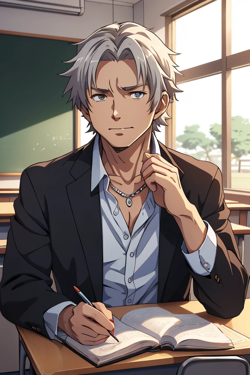 (((masterpiece、Anime Style、high resolution、high quality、Delicate、Ultra-high resolution、８ｋ)))Japanese men、６５age、Gray Hair、elder、Wrinkles、Black suit、WhiteＹshirt、accessories、necklace、classroom