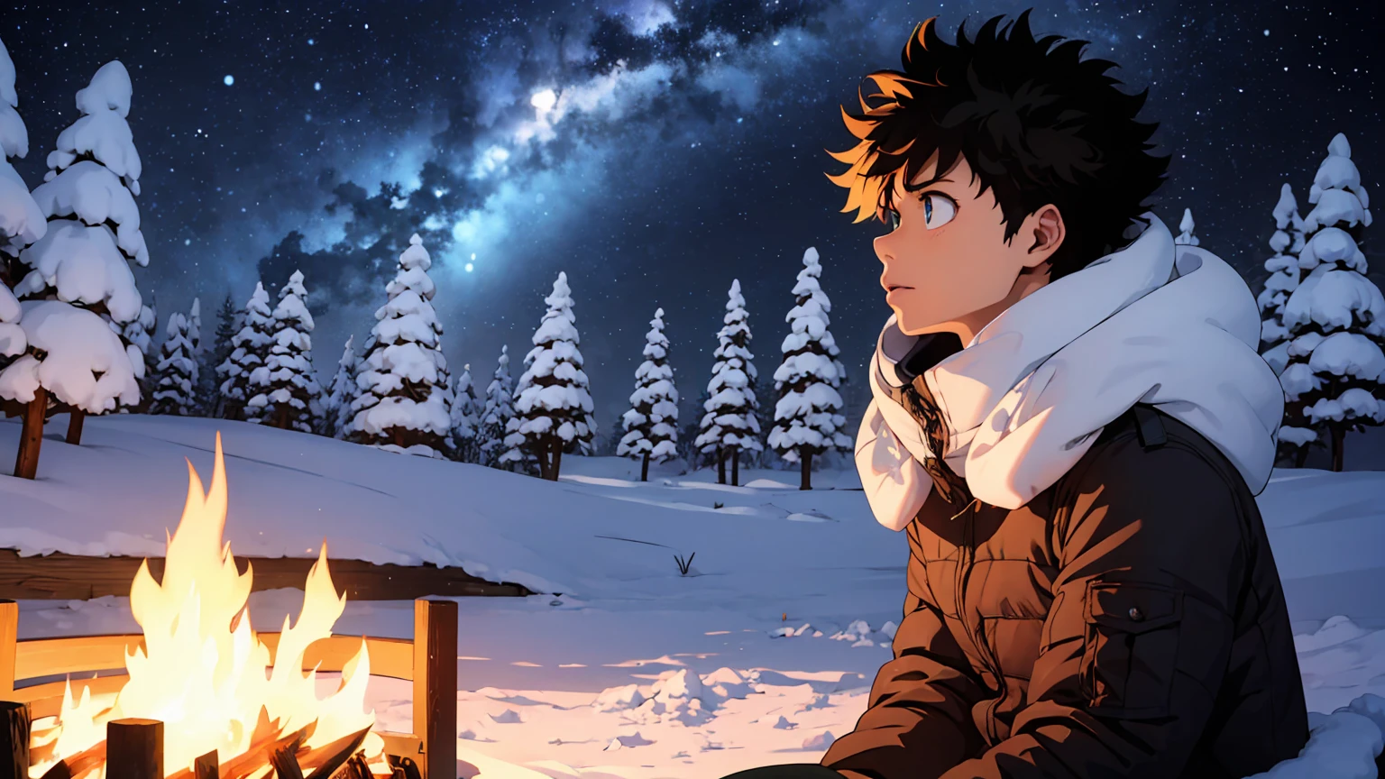 Izuku Midoriya at bonfire, cold, snow, 1boy, beautiful detailed eyes, beautiful detailed lips, extremely detailed face, long eyelashes, sitting by a cozy bonfire, winter landscape, snow-covered forest, starry night sky, warm firelight, cold atmosphere, cinematic lighting, highly detailed, 8k, photorealistic, intricate details, dramatic composition, muted color palette, dramatic lighting