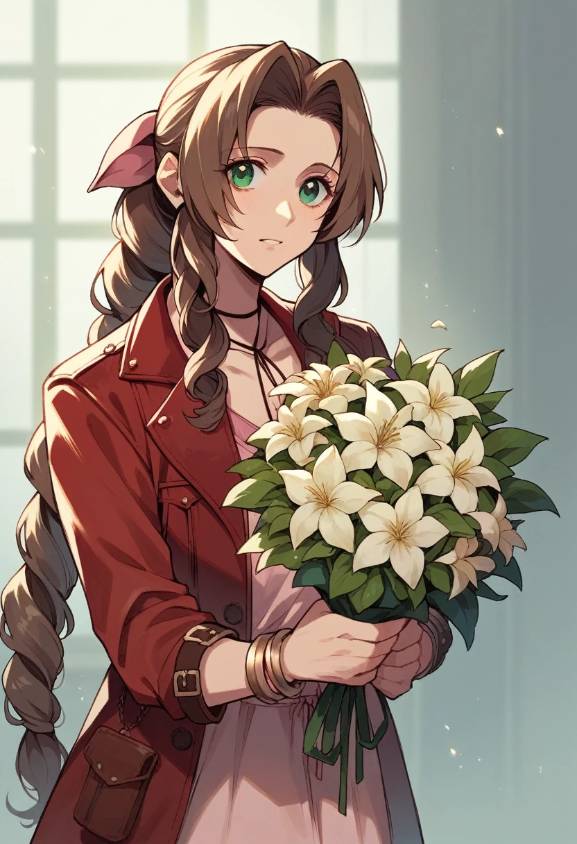 Aerith Gainsborough from Final Fantasy 7, holding a flower bouquet