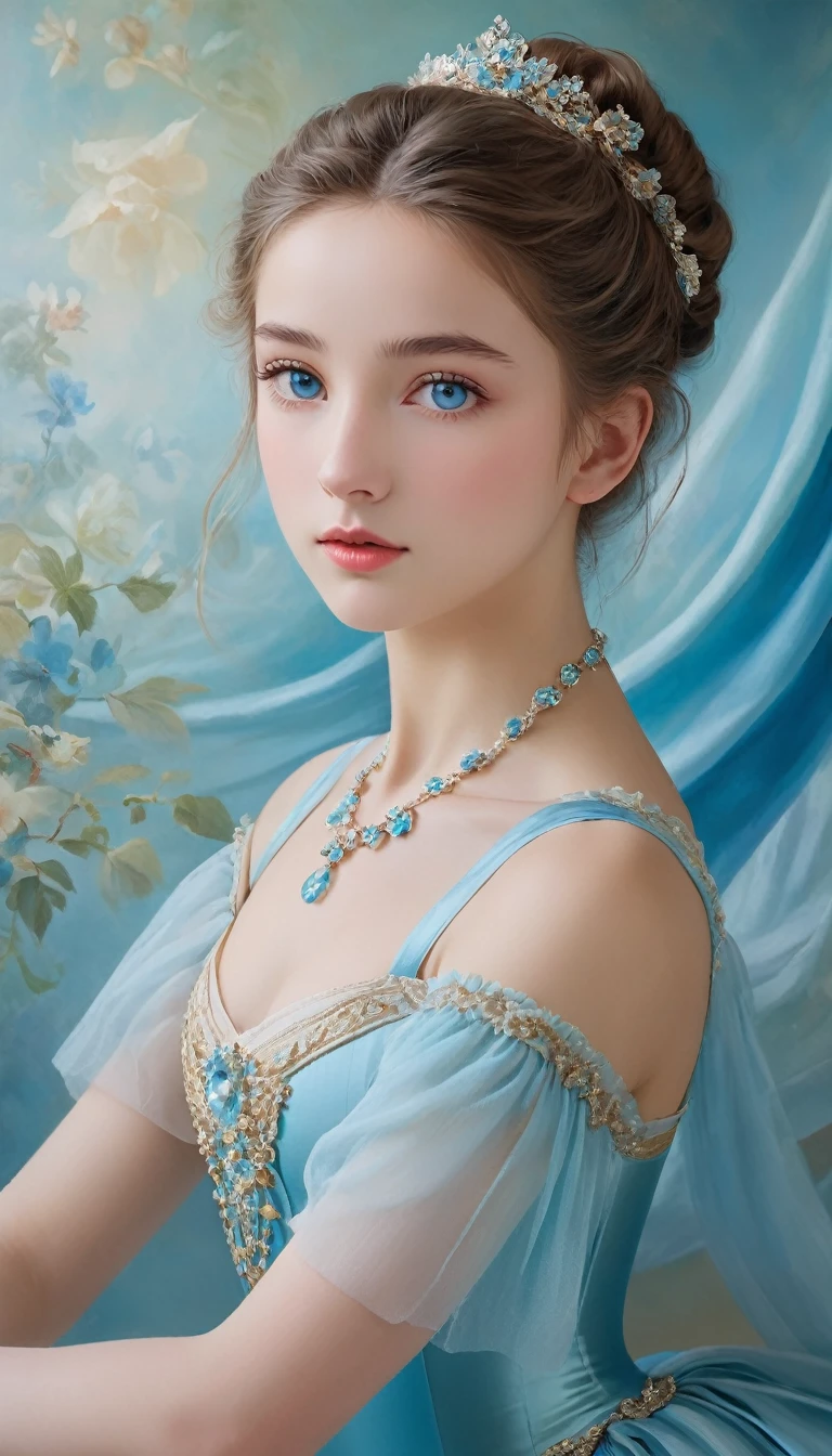 (High resolution,masterpiece:1.2),(Realistic:1.37)"(Highest quality, High resolution, Very detailed, Realistic),Beautiful portrait of a 16-year-old French ballet dancer from the 19th century, (She is half French and half Japanese., She is a stunning beauty with ice blue eyes and a high nose.:1.1), Exquisite ballet costumes, Detailed facial features, Long and graceful neck, Aquamarine Necklace, Flowing locks of hair, Calm and elegant posture, Soft and delicate lighting, Classical Oil Painting Medium, Vibrant colors, A delicate background with a water motif", Dreamy atmosphere, Surrealism,Mysterious Aura