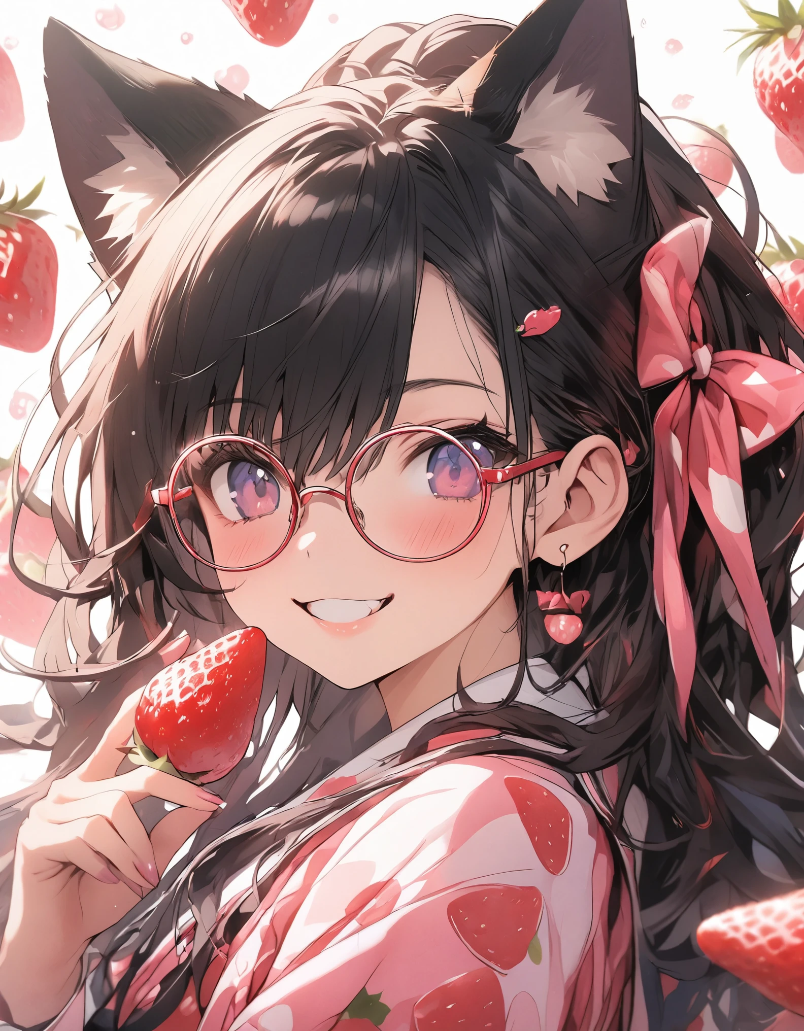 masterpiece、girl、Black Hair、Long Hair、ponytail、((Cat ear))、smile、wearing glasses,(((Big strawberry)))、Focus on the face, strawberry background
