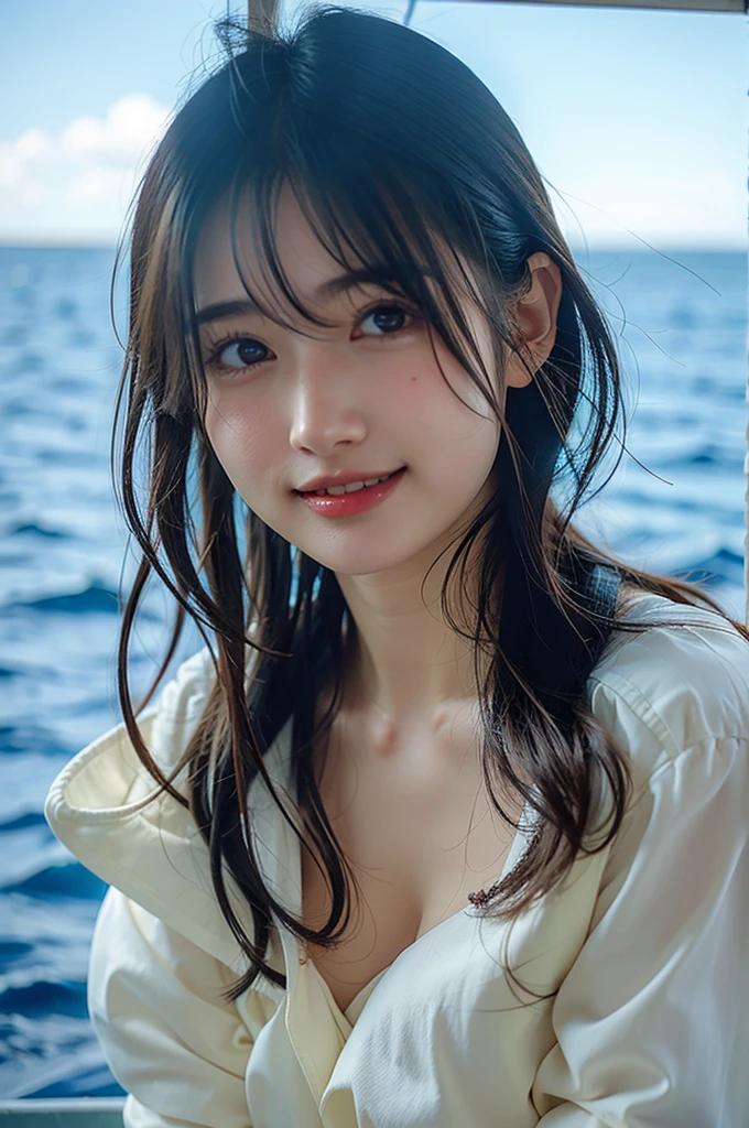 Japanese、Naughty、pretty girl、22 years old、(Cute gestures:1.1)、bulging breasts、whole body、Cute hairstyle、smile、Ocean、Full nudity、Pussy
