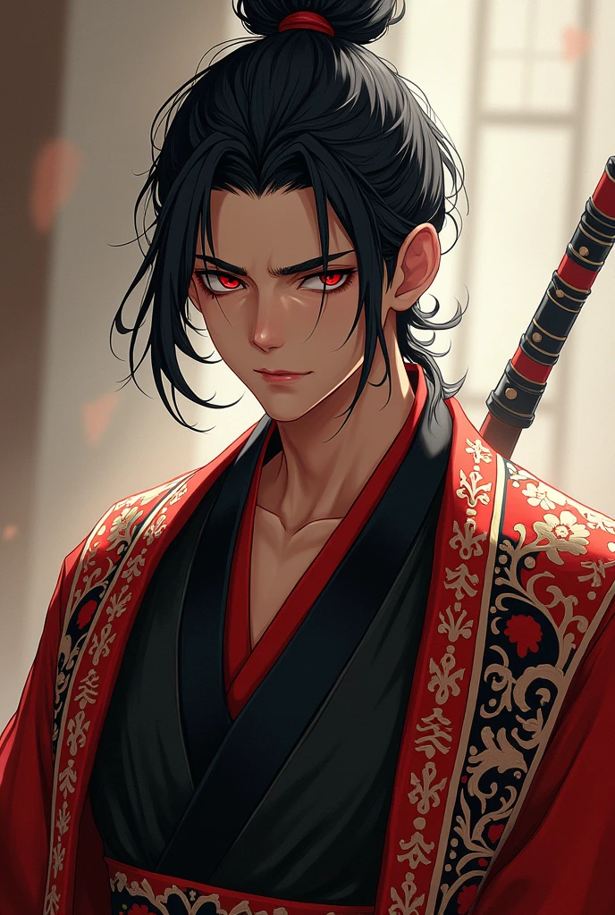 Create a This young male character with lighter brown skin has a striking presence. Her black hair is tied in a high bun, with loose strands falling softly around her face, accentuating his sharp features. Their eyes, penetrating and red in color, convey an intense and calculating look, implying that he is someone with great power and a strategic mind.He wears an elaborate kimono, adorned with intricate patterns in red, black andwhite, symbolizing a mix of Wano traditions and a dark twist that may hint at its Teach heritage