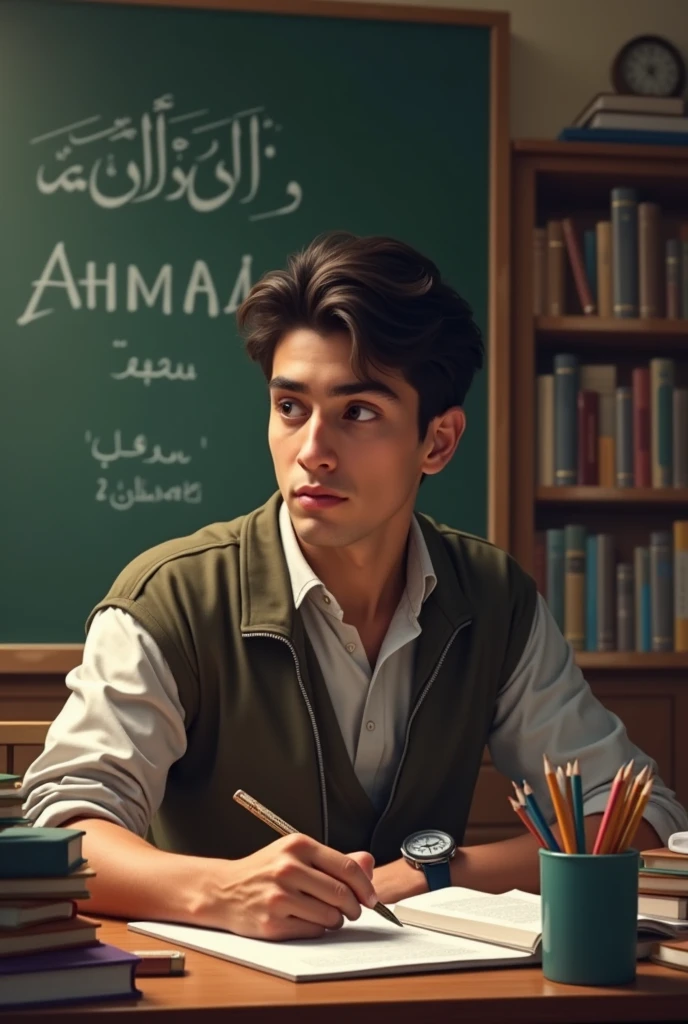 A 17 years old handsome boy study on his study table and (Ahmad Shah) name is printed on his background wall and pencil box
send me picture