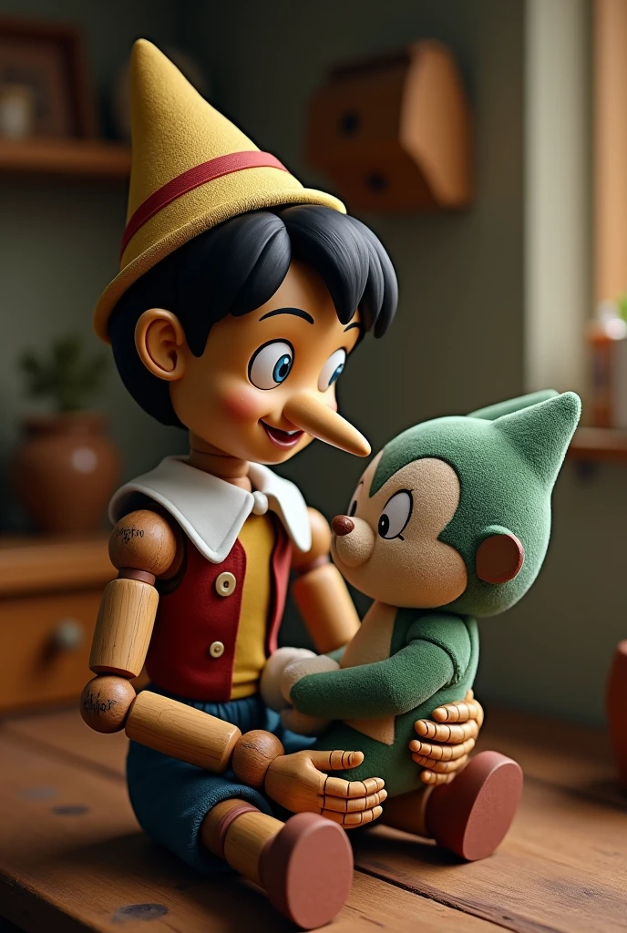 Pinocchio holding a DBZ Vegeta plush in his arms  
