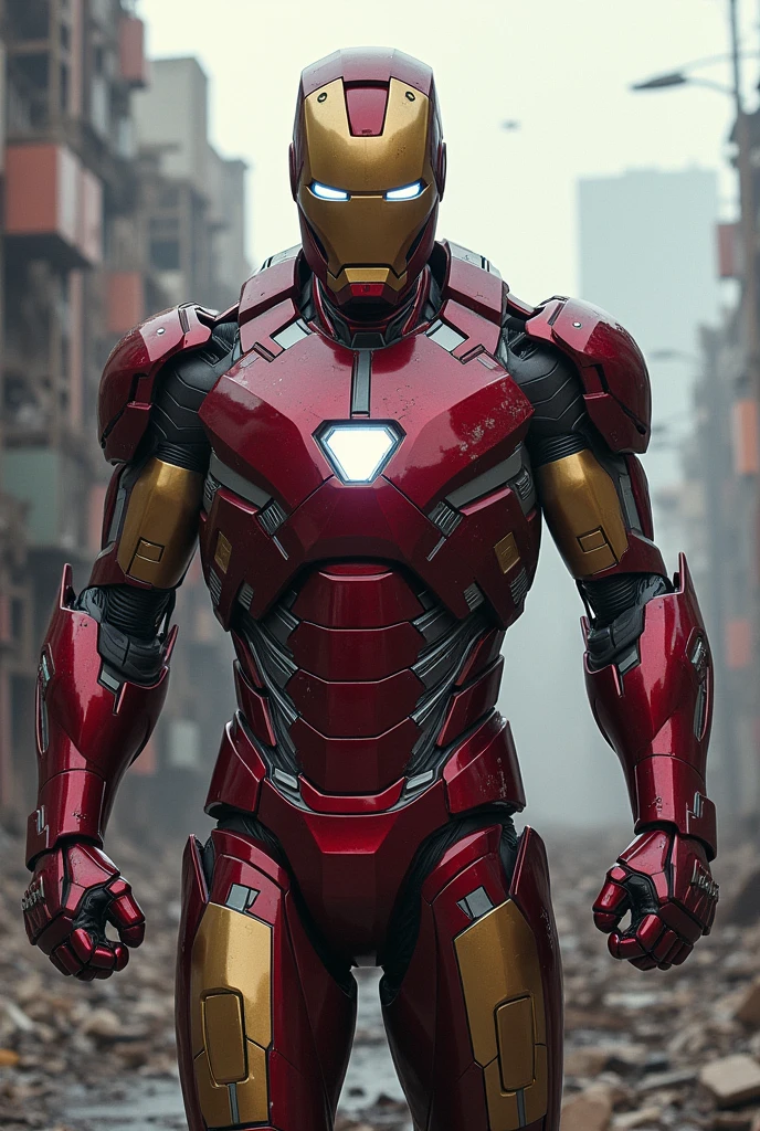 The Hero Iron Man with his armor made of nanotechnology (It must be a more tech-looking armor., and less robust), he must be in a destroyed city