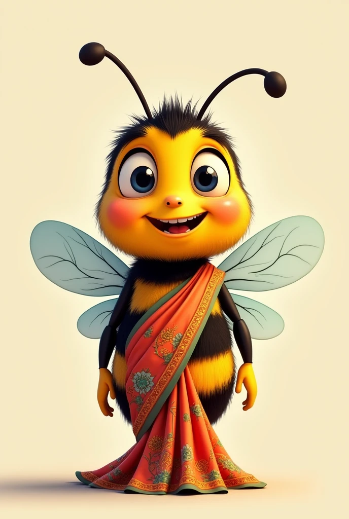 Cartoon of a bee dressed in an Indian sari in 2D without much realism, maintain insect features, head on. With a big smile.