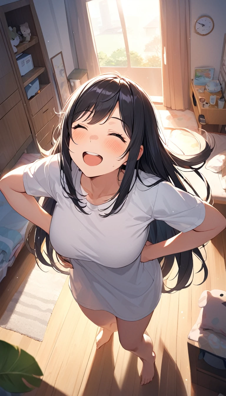 high school girl, Wear a cozy sweater, Upper Body, (LOL:1.1), (Open your mouth:1.1), (Eyes Wide Open:1.2), Sun glare, Bokeh, Depth of written boundary, Blurred Background, Particles of light, Strong winds, (Heart Particles:1.1), Big Breasts