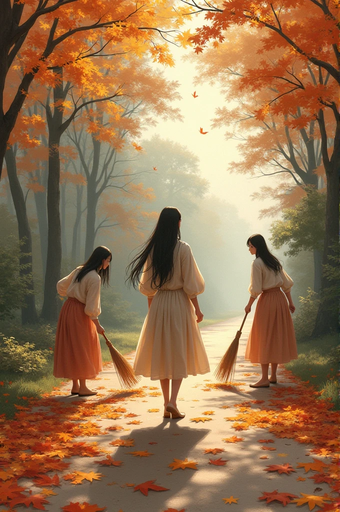A village road. The road is cleared of many leaves. There are many girls cleaning the leaves and one of them is very beautiful. She is also cleaning the leaves.