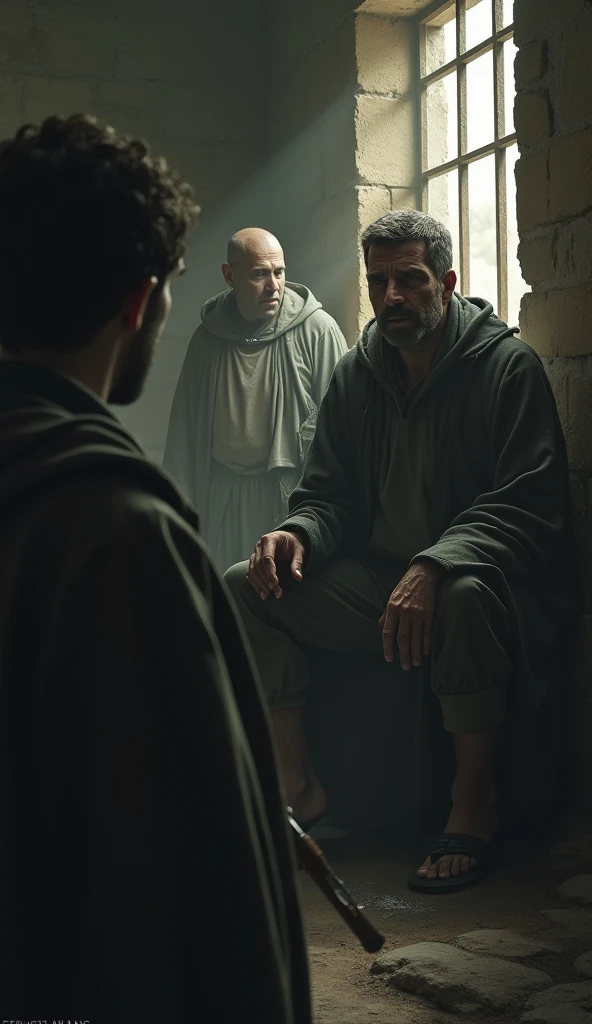 Une image du gardien de prison sur le point de se suicider, puis voyant Paul et Silas calmement, suivi de son questionnement.