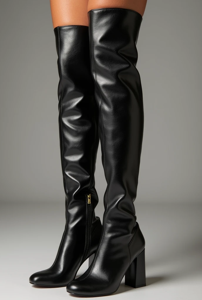 Woman in flat sole leather thigh high boots