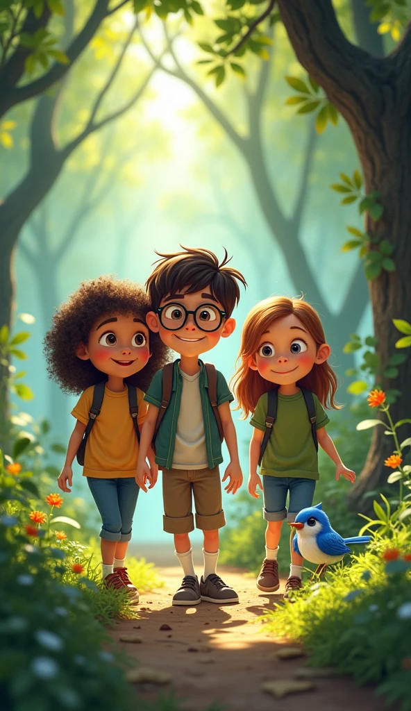 three —Lucy, Ben, and Maya—are standing together. Lucy, with curly hair. Ben, wearing glasses, and Maya, full of energy, is smiling with excitement. they ventured into the magical forest, where they found a small Bluebird, sad because she had lost her voice