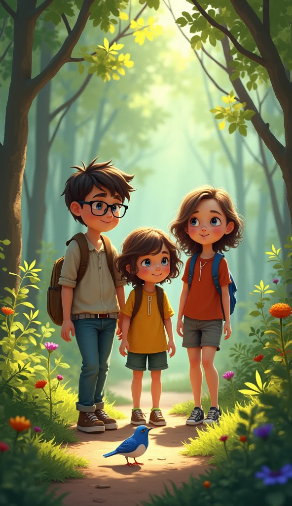 three kids—Lucy, Ben, and Maya—are standing together. Lucy, with curly hair. Ben, wearing glasses, and Maya, full of energy, is smiling with excitement. they ventured into the magical forest, where they found a small Bluebird, sad because she had lost her voice