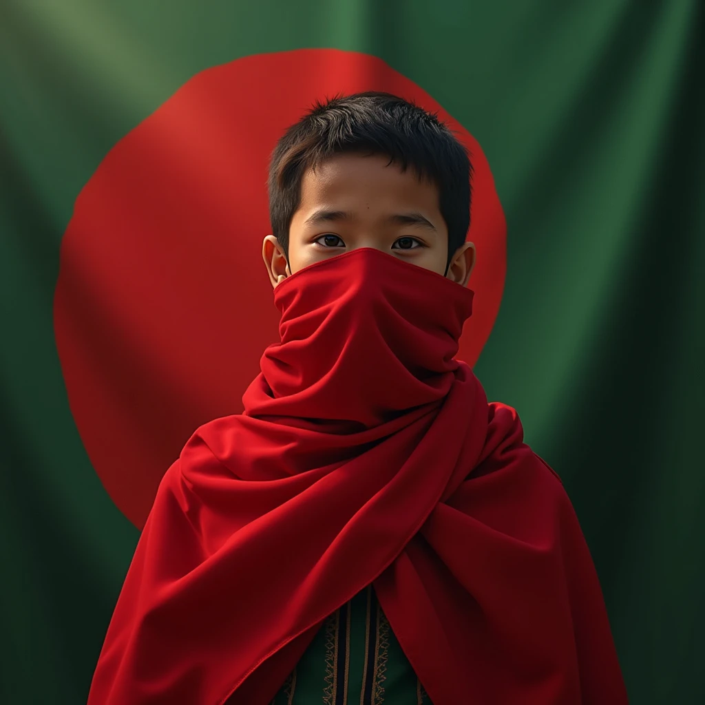 "A background featuring a Bangladesh’s red flag, with a boy in the foreground whose full face covered with red fabric."