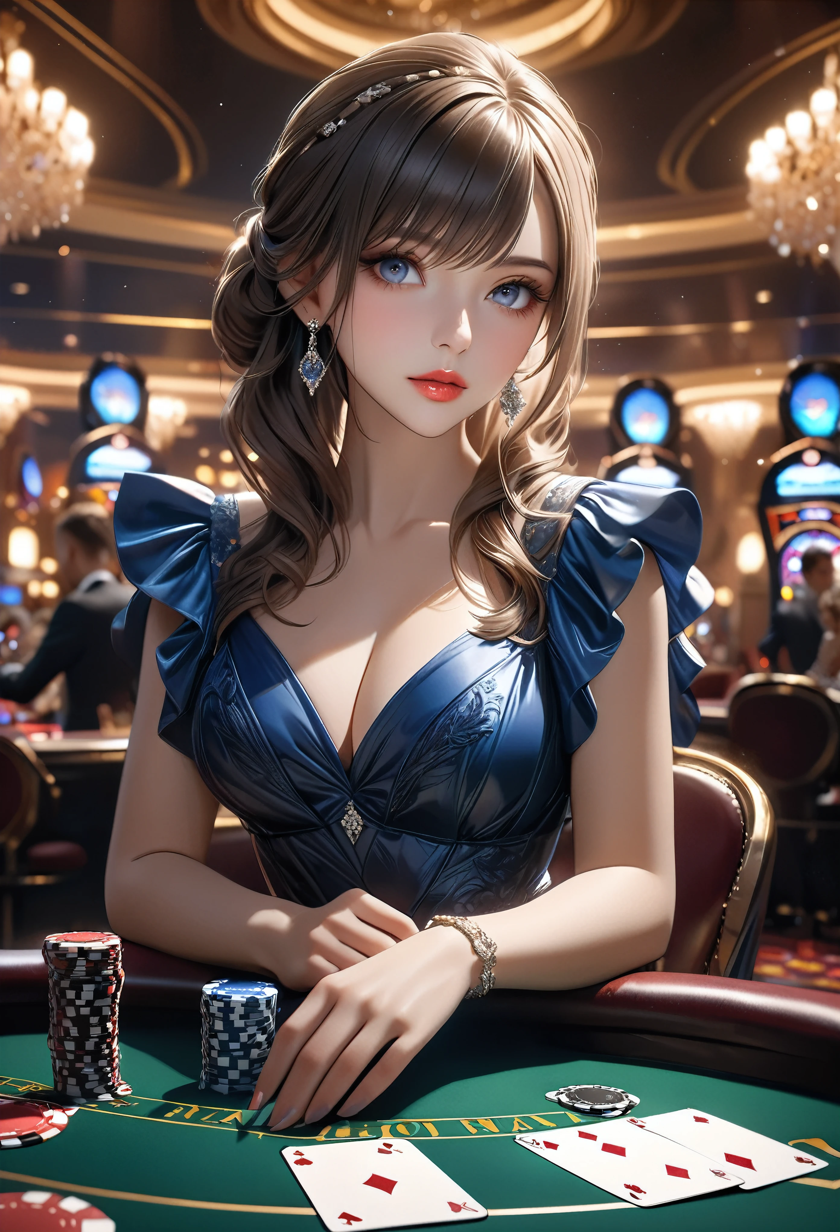 a glamorous female dealer, card game, blackjack, intense competition, beautiful detailed eyes, beautiful detailed lips, extremely detailed eyes and face, long eyelashes, elegant dress, confident expression, casino interior, luxurious decor, dramatic lighting, cinematic camera angle, photorealistic, 8k, (best quality, 4k, 8k, highres, masterpiece:1.2), ultra-detailed, (realistic, photorealistic, photo-realistic:1.37), HDR, UHD, studio lighting, ultra-fine painting, sharp focus, physically-based rendering, extreme detail description, professional, vivid colors, bokeh, dramatic portrait, cinematic style